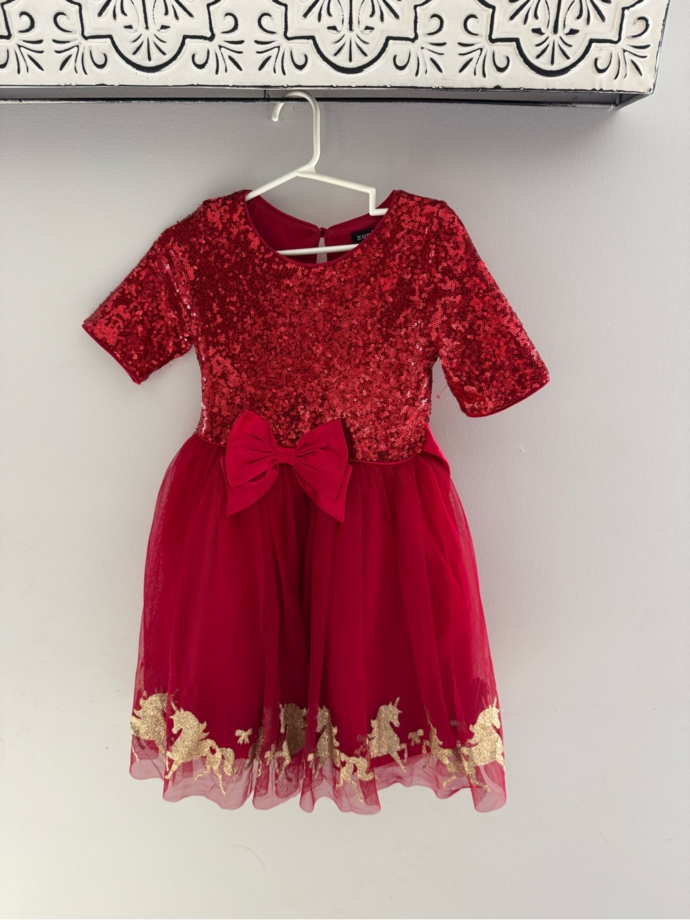 Zunie Red Sequin Tulle Dress with Gold Trim and Bow
